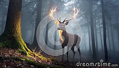 Deer with glowing antlers in dark misty forest Stock Photo