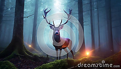 Deer with glowing antlers in dark misty forest Stock Photo
