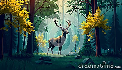 Deer in golden autumn forest, fall wildlife scene, Stock Photo, Generative AI Stock Photo