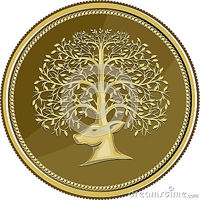 Deer Head Tree Antler Gold Coin Retro Vector Illustration