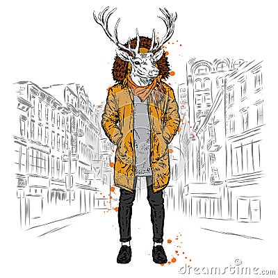 Deer with the human body in a warm jacket. Fashion & Style. Hi Vector Illustration
