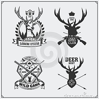 Deer hunt. Set of vintage hunting labels, badges and design elements. Vector Illustration