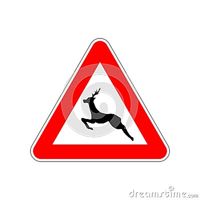 Deer icon on the triangle red and white road sign on white Vector Illustration