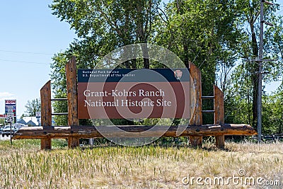 Deer Lodge, Montana - June 30, 2021: Sign for the Grant-Kohrs Ranch National Historic Site, taken on a sunny day Editorial Stock Photo