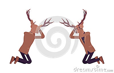 Deer man, mister moose, animal head human knelt in despair Vector Illustration