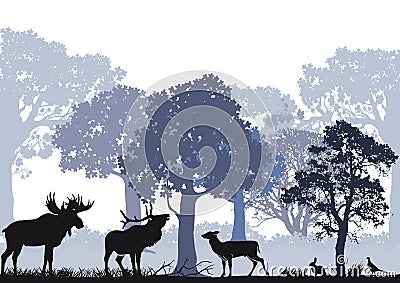 Deer and moose in a forest Vector Illustration