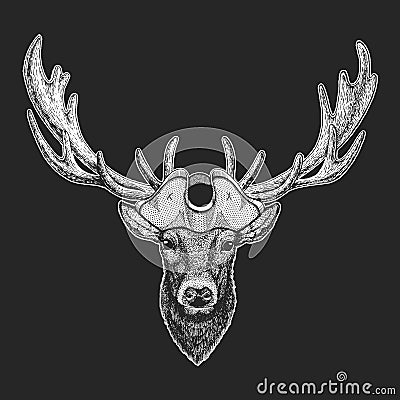 Deer portrait. Pirate cocked hat. Head of wild animal. Vector Illustration