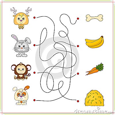Deer, rabbit, monkey and dog with their food (bone, banana, carr Vector Illustration