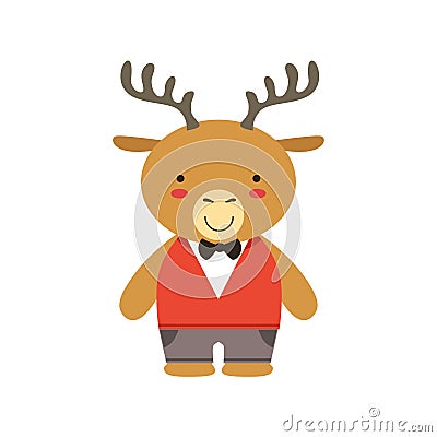 Deer In Red Vest And Bow Tie Cute Toy Baby Animal Dressed As Little Boy Vector Illustration