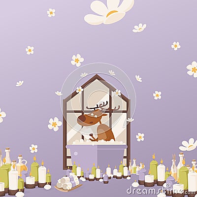 Deer relax in bathroom vectore illustration. Character takes bath with foam. Relaxing atmosphere at home, burning Vector Illustration