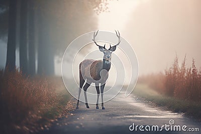 Deer on road scene with misty thicket smoke. Generate ai Stock Photo