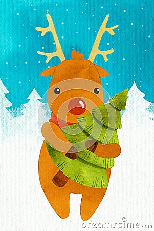 Deer Rudolf new year with a tree Stock Photo