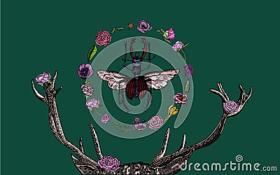 Deer`s antlers, stag beetle, blooming flora on dark green background - hand drawn Vector Illustration