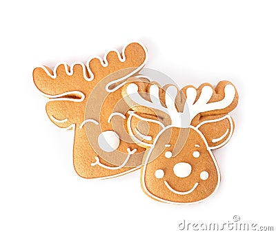 Deer shaped Christmas cookies on white background, top view Stock Photo