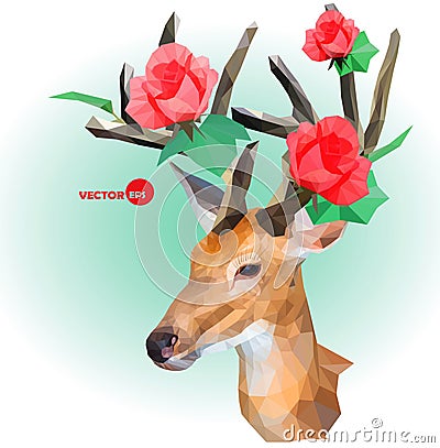 Deer silhouette with horns made of flowers on the green background. Red roses on the horns. March, summer, spring Vector Illustration