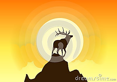 Deer Silhouette Vector Sunset Vector Illustration