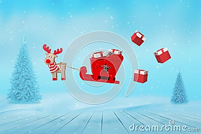 Deer with sledge and flying Christmas gifts concept Stock Photo