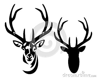 Deer stag with big antlers black and white vector portrait Vector Illustration