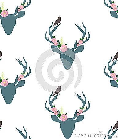 Deer,stag flower and bird seamless pattern Vector Illustration