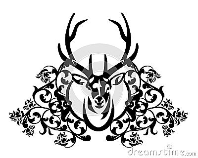 Deer stag and rose flowers antique style black and white vector heraldic design Vector Illustration