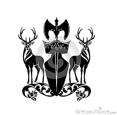 Deer stag with viking battle axe, rose flowers and royal crown black and white vector heraldic design Vector Illustration