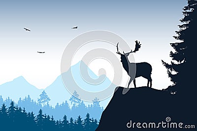 Deer with stags standing at the top of rock with mountains and f Vector Illustration
