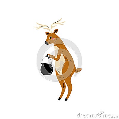 Deer Standing on Two Legs with Cauldron, Animal Character Having Hiking Adventure Travel or Camping Trip Vector Vector Illustration