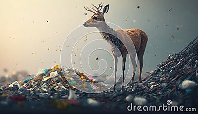 A deer in stands near a pile of plastic. Generative AI. Stock Photo