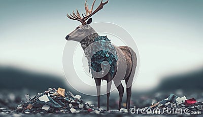 A deer in stands near a pile of plastic. Generative AI. Stock Photo