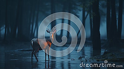 Rainy Forest: A Dramatic Photo-realistic Depiction Of A Wild Deer In Bioluminescent Lighting Cartoon Illustration