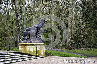 The deer statues at the edge of the octagonal pool in the Sceaux park Stock Photo