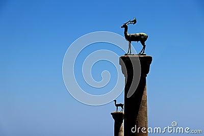 The deer statues at the entrance to Rhodes Mandraki harbor Stock Photo