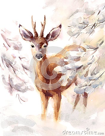 Deer surrounded by snowy branches Watercolor Winter Animal Illustration Hand Painted Cartoon Illustration