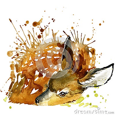 Deer T-shirt graphics, deer illustration with splash watercolor textured background. Cartoon Illustration