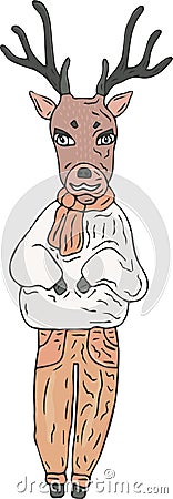 A deer in trousers, sweater and scarf on a white background. Vector. Vector Illustration