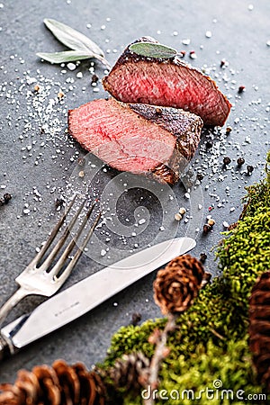 Deer or venison steak with ingredients like sea salt, herbs and pepper and cutlery, food background for restaurant or hunting lovi Stock Photo