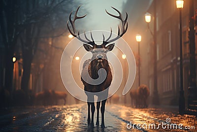 The deer walks along the street of the evening city. Destruction of the natural habitat of animals Stock Photo