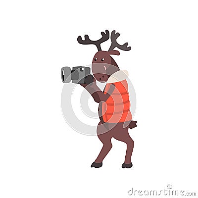 Deer in warm vest taking pictures with a camera, funny animal cartoon character traveling on vacation vector Vector Illustration