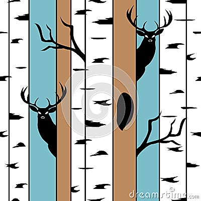 Deers in a birch forest. Seamless pattern with animal silhouettes Vector Illustration