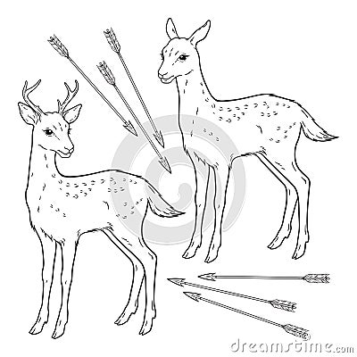Deers or fawns magic animals set hand drawn line art gothic tattoo design isolated vector illustration Vector Illustration