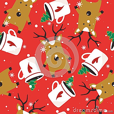 Colorful seamless pattern, funny deers, gingerbreads, biscuits, cups of cocoa. Happy New Year. Merry Christmas Vector Illustration