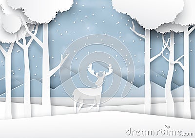 Deers joyful on snow and winter season landscape paper art style Vector Illustration