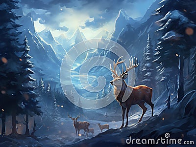 Deers in the snowy mountain Cartoon Illustration