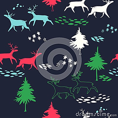 Deers in winter forest. New Year vector seamless pattern with trees and animals. Vector Illustration