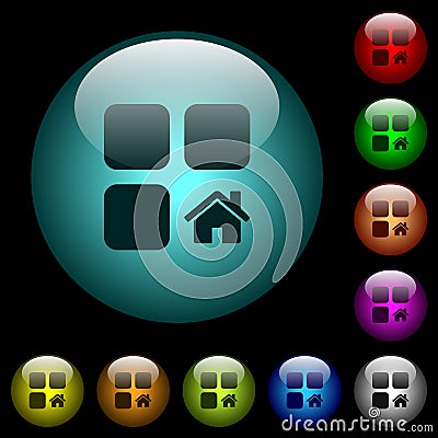 Default component icons in color illuminated glass buttons Stock Photo