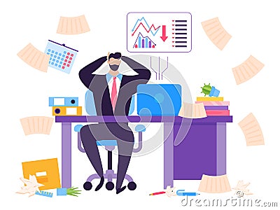 Default in stock market concept, collapse securities vector illustration. Man sitting at table shocked by falling price Vector Illustration