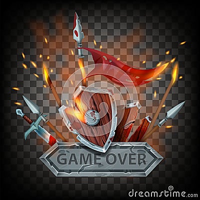 Game over vector badge, medieval final battle sign, wooden shield, sword, burning flag, fire, sparks. Vector Illustration