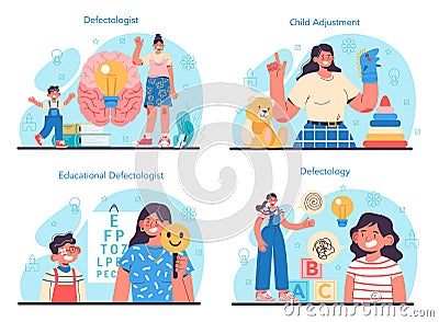 Defectologist concept set. Psychologist or educator working with special Vector Illustration