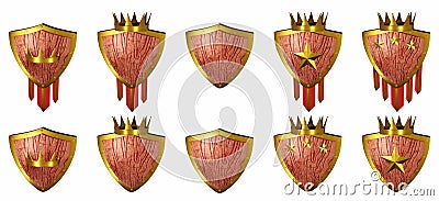 3D viking wooden shield, royal medieval game UI victory badge set, golden crown vintage knight armor. Stock Photo