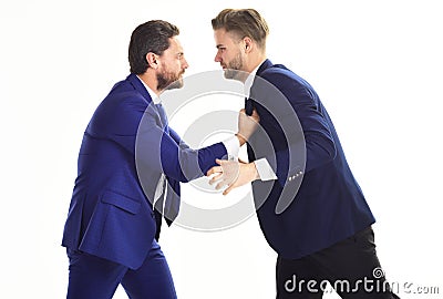 Defend interests, legal services concept. Aggression, hate, political revenge. Brutal, rude, angry men. Stock Photo